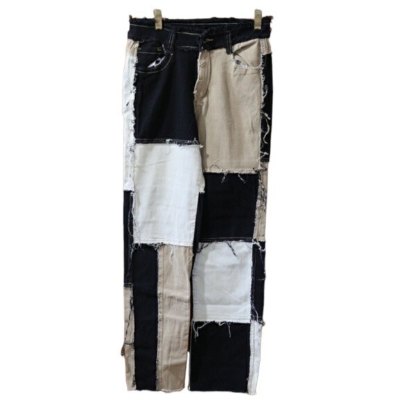Crazy Cool Patchwork Mismatched Ragged Raw Edge Jeans Small Straight - Picture 1 of 11